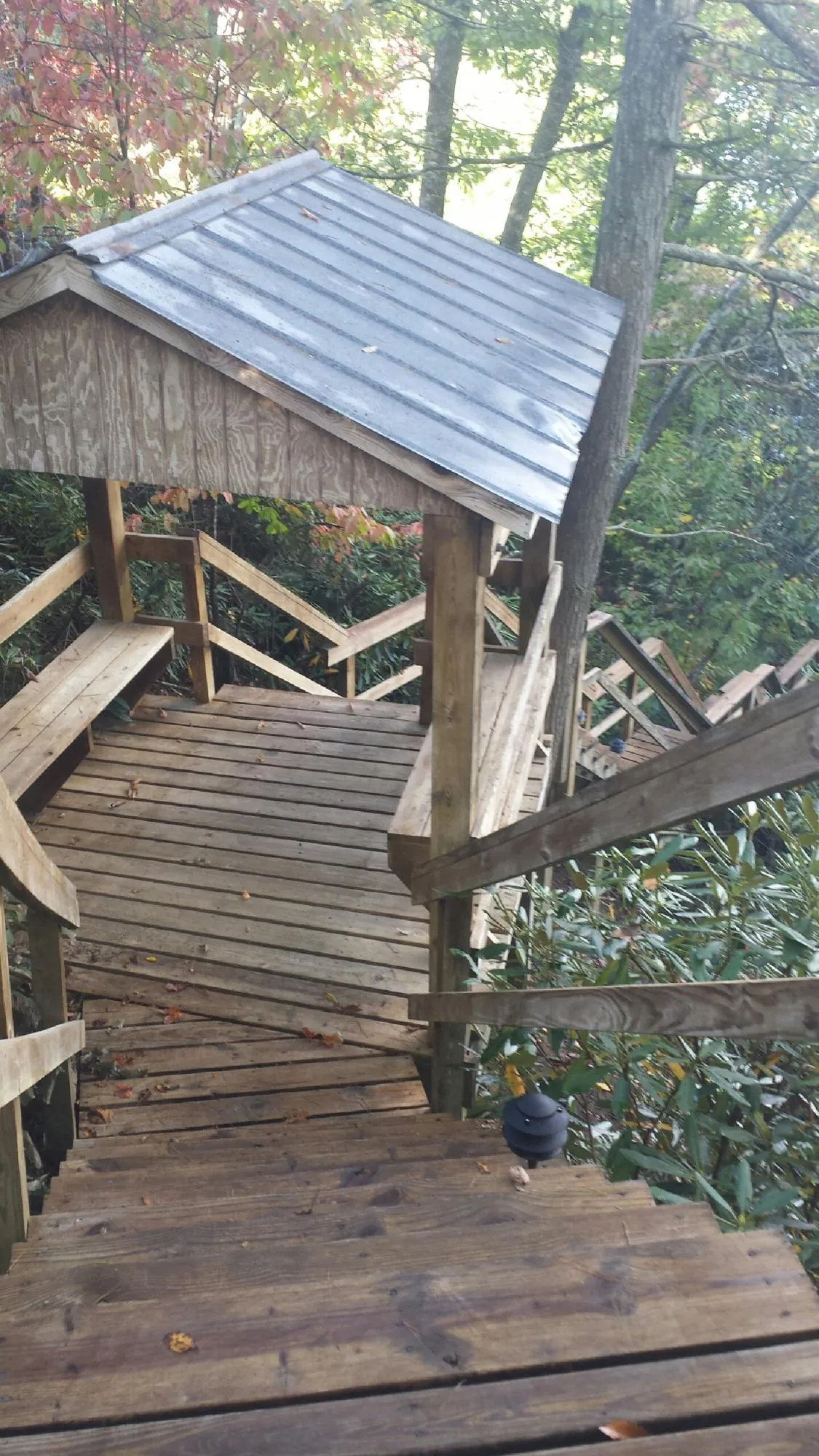 Metal roofed shelter over wooden steps on a wooded walkway — Skylight Repair & Installation work by our crew in Dyke